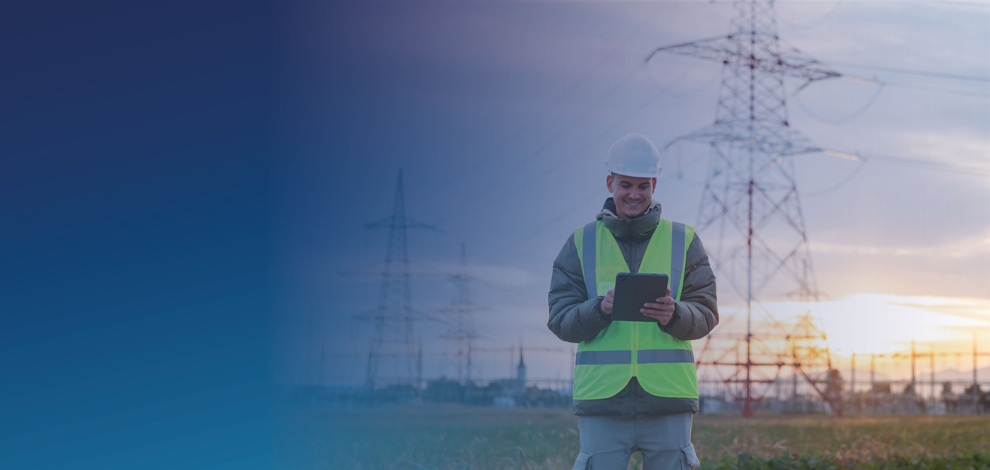 Mitarbeiter eines Energieversorgers mit Tablet vor Strommasten und Hochspannungsleitungen.