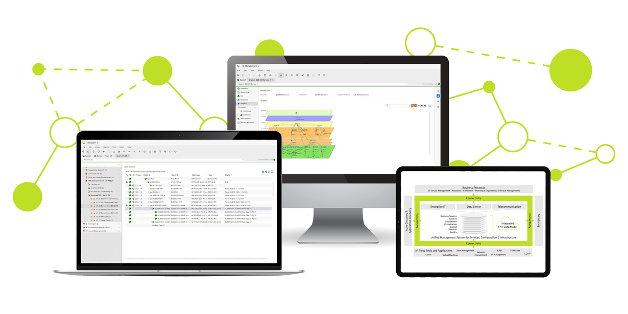 Darstellung der Configuration Management Software von FNT auf verschiedenen Endgeräten.