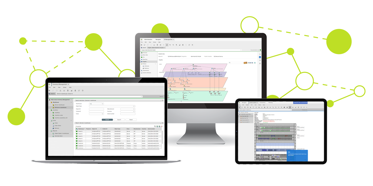 Darstellung der IT Asset Management Software von FNT auf verschiedenen Endgeräten.