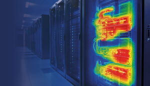 Server racks in a data center, with one rack highlighted by a colorful heatmap visualization.