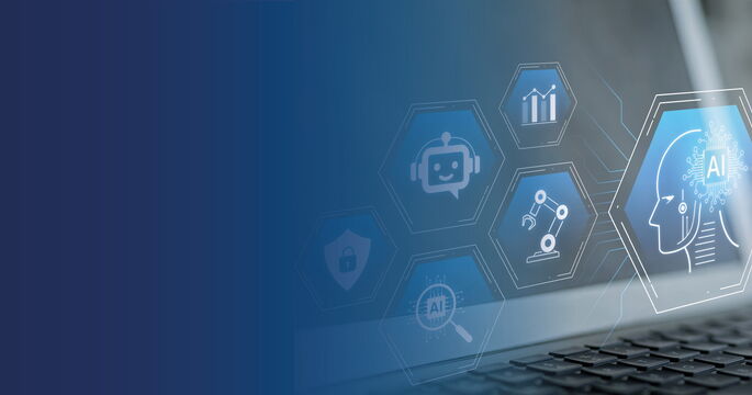 Laptop mit digitalen Symbolen für künstliche Intelligenz, Automatisierung, Sicherheit und Datenanalyse.