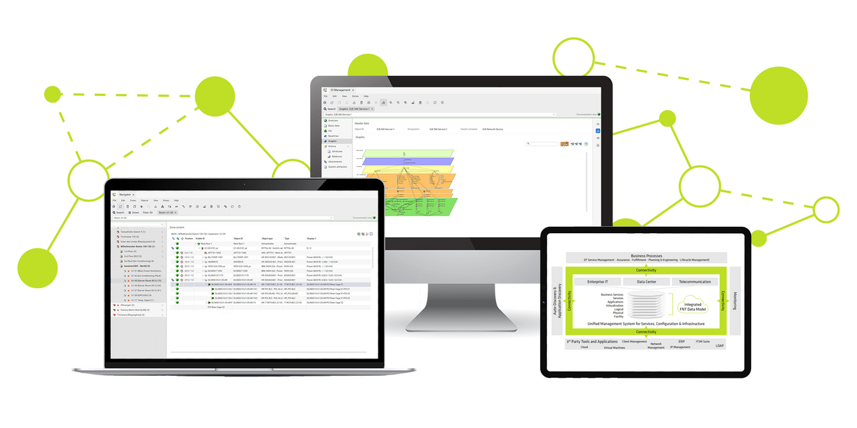 Darstellung der Configuration Management Software von FNT auf verschiedenen Endgeräten.