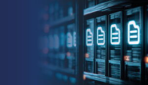 Server racks with glowing document icons in a dark blue data center.