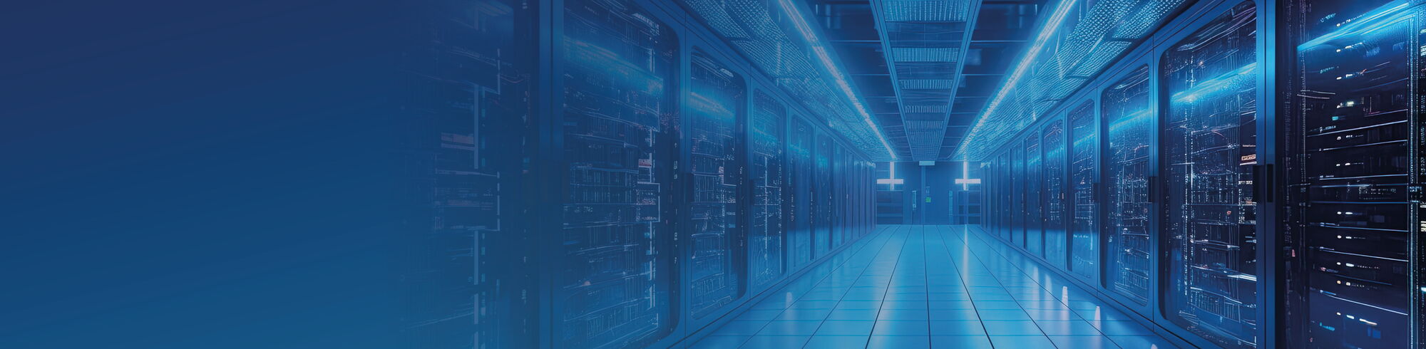 Modern server room with interconnected server racks and blue lighting.