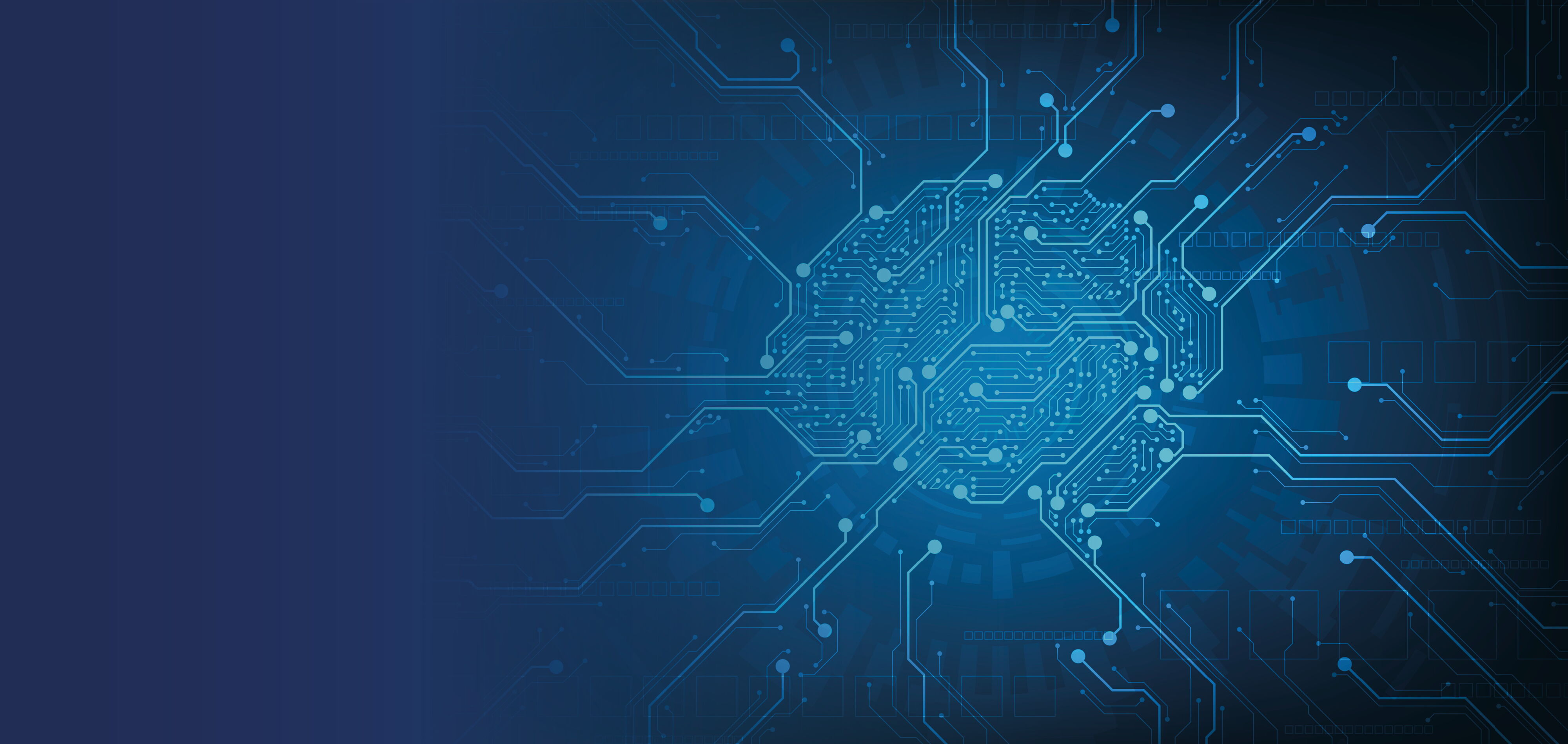 Abstract illustration of a digital circuit board with a central chip structure and branching circuits.