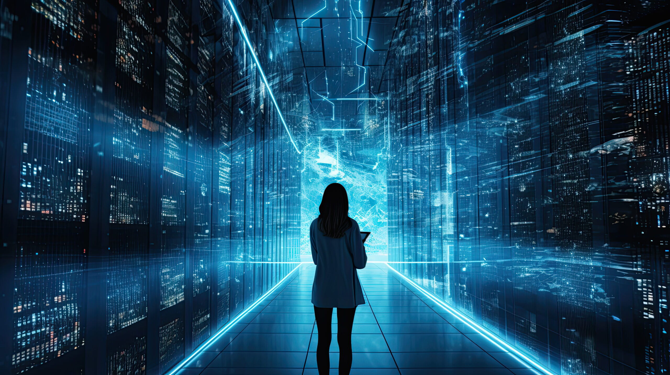 Person vor einem futuristischen Serverraum