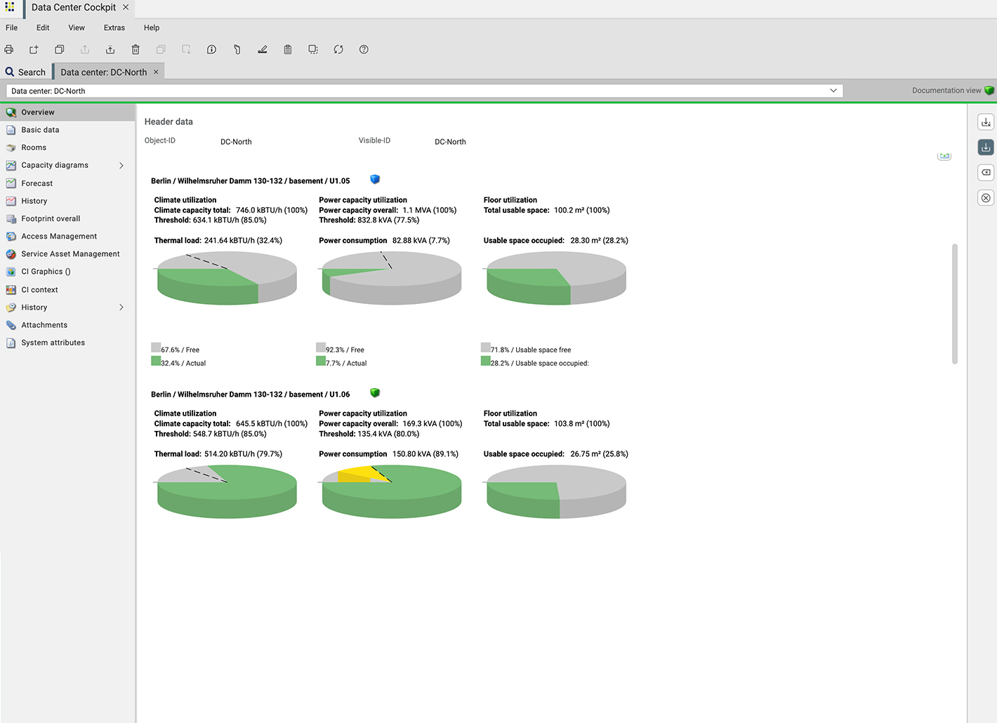 Darstellung der Kapazitäten von Rechenzentrumsräumen in der DCIM-Software